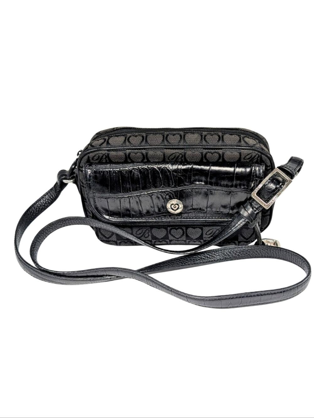 Brighton Signature Black Canvas Croc Leather Zip Wallet Travel Crossbody